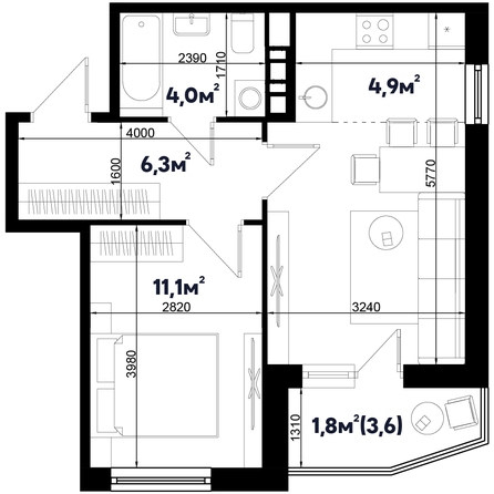 Планировка 2-комн 40,8 м²