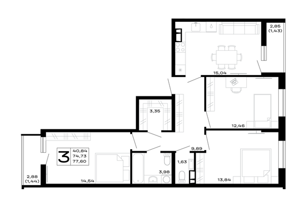 Планировка 3-комн 77,6 м²
