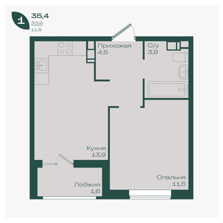 Планировка 1-комн 35,4 м²