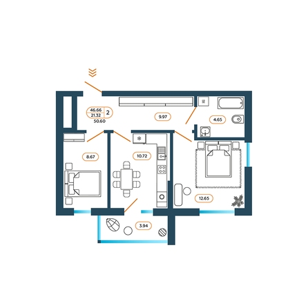 Планировка 2-комн 50,46 м²