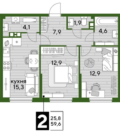Планировка 2-комн 59,6 м²