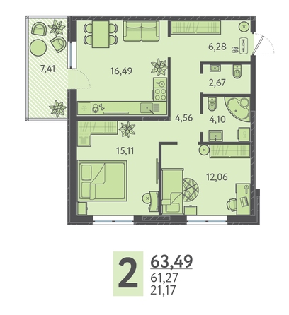 Планировка 2-комн 63,49 м²