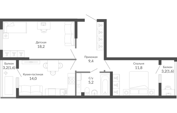 Планировка 2-комн 61,8 м²