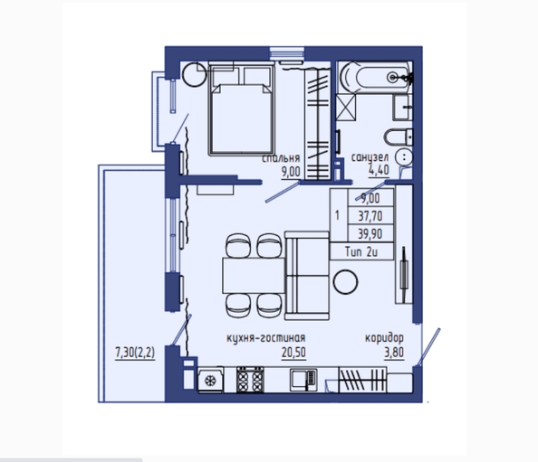 Планировка 2-комн 39,9 м²