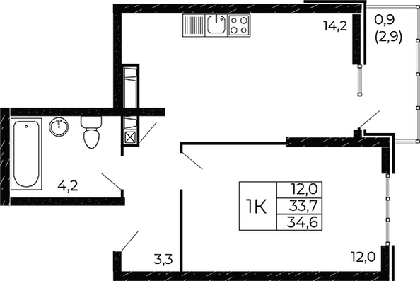 Планировка 1-комн 34,6 м²