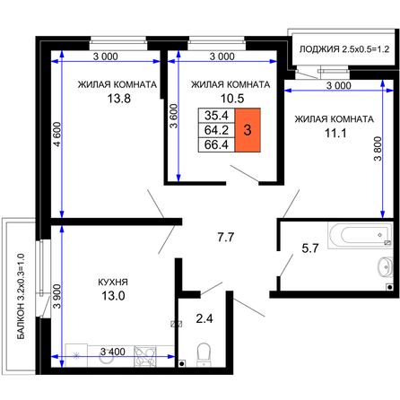 Планировка 3-комн 66,4 м²