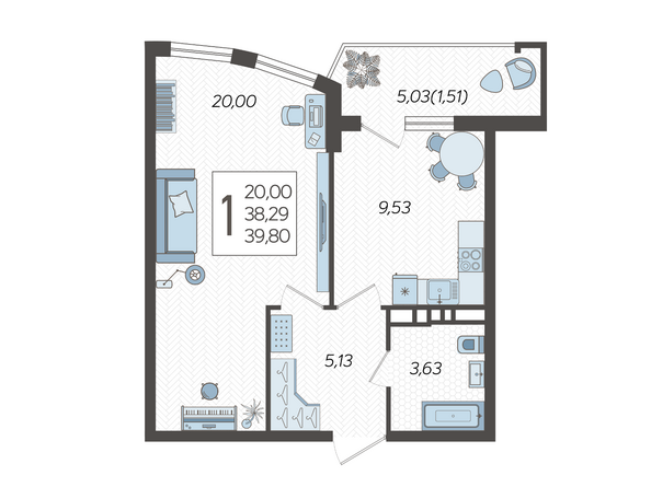 Планировка 1-комн 39,8 м²