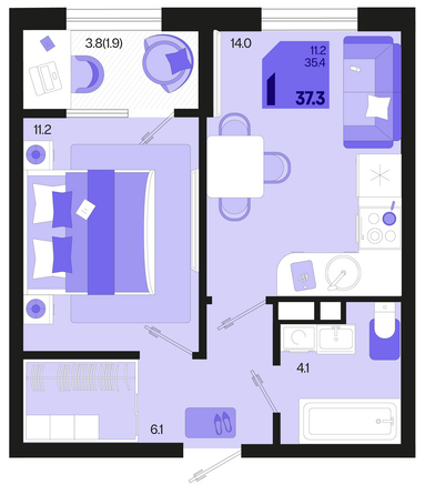 Планировка 1-комн 37,3 м²