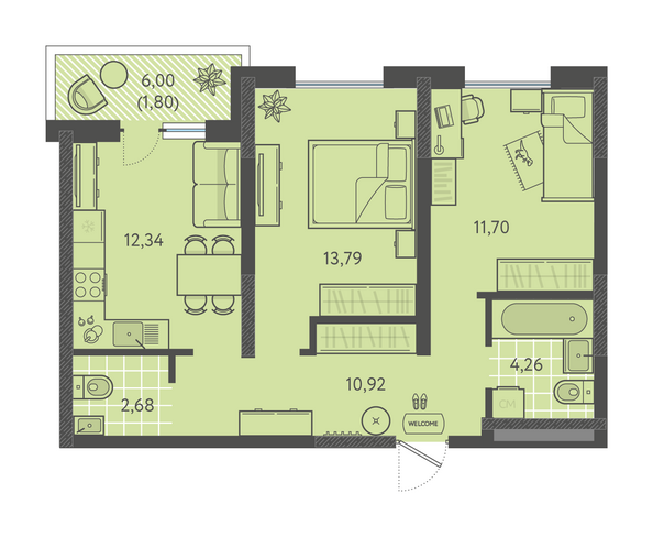 Планировка 2-комн 57,49 м²