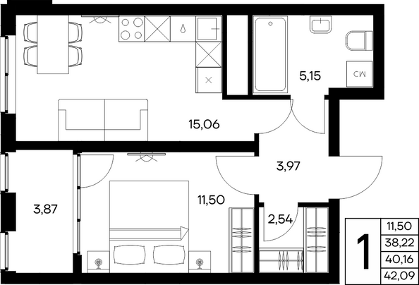 Планировка 1-комн 42,09 м²