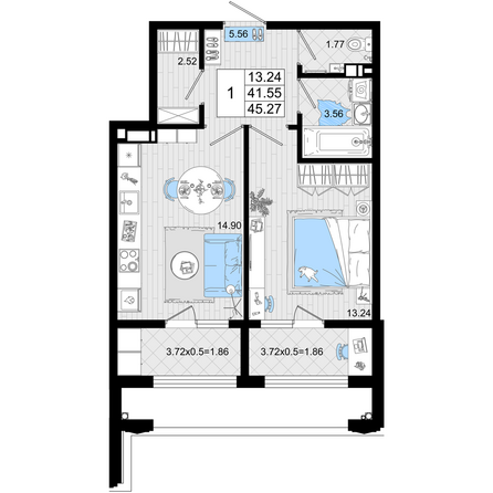 Планировка 1-комн 45,27 м²