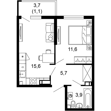 Планировка 1-комн 37,9 м²