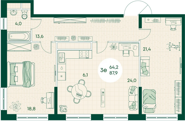 Планировка 3-комн 87,9 м²