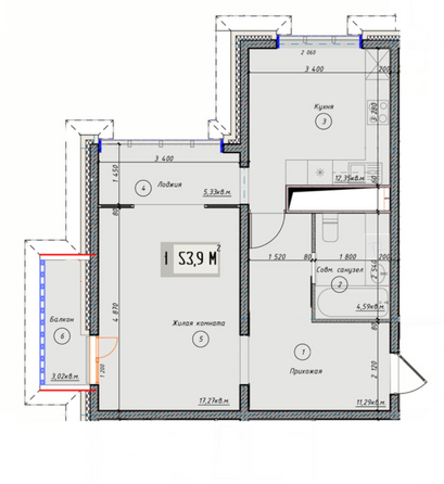 Планировка 1-комн 53,9 м²