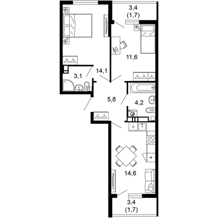 Планировка 2-комн 56,8 м²