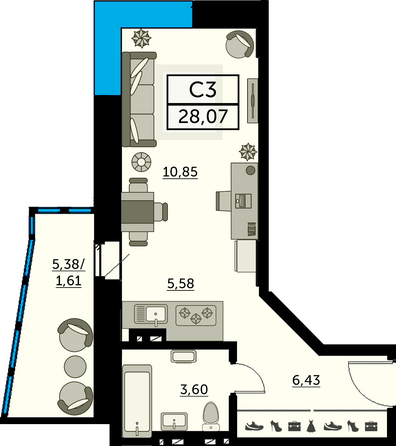 Планировка Студия 28,07 м²