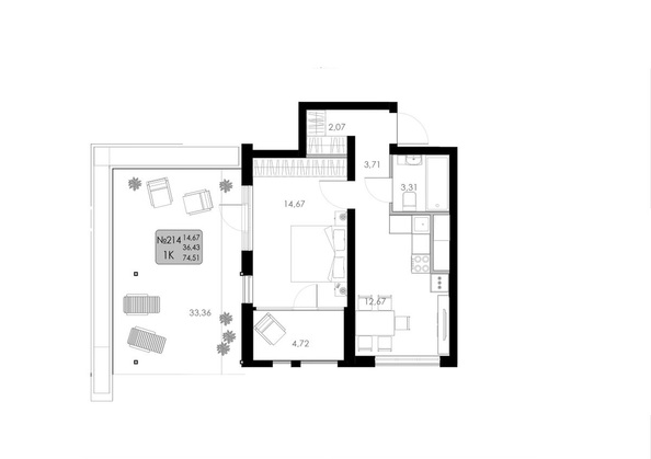Планировка 1-комн 74,51 м²