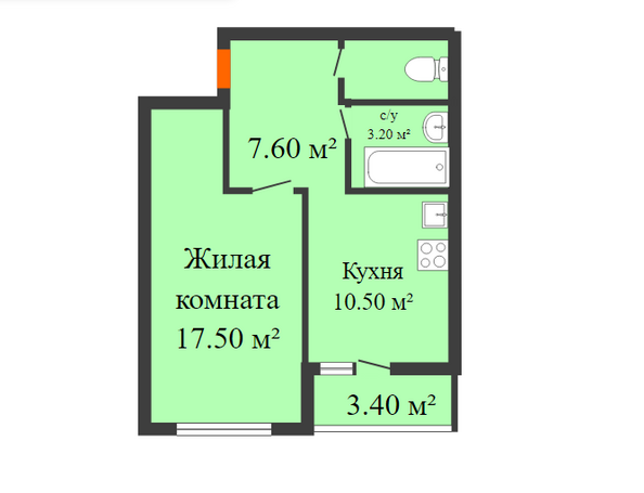 Планировка 1-комн 41,5 - 42,9 м²