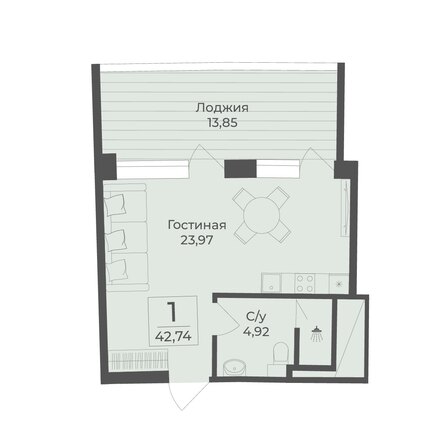 Планировка 1-комн 42,74 м²