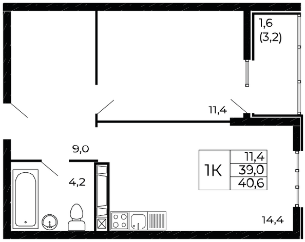 Планировка 1-комн 40,6 м²