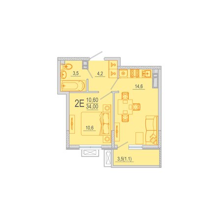 Планировка 1-комн 34,75 м²