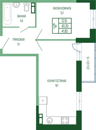 Планировка 1-комн 41,8, 42,9 м²