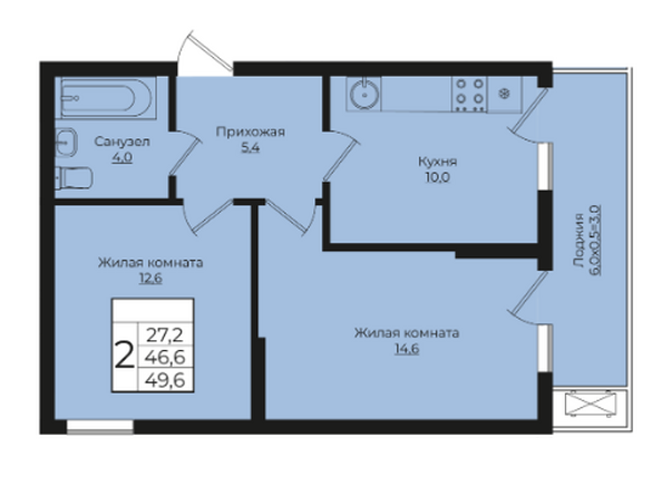 Планировка 2-комн 49,6, 50,2 м²