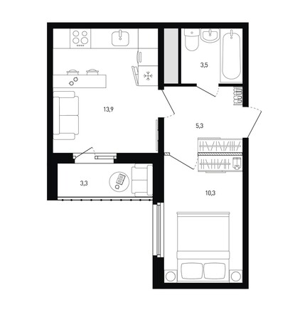 Планировка 1-комн 34,7, 35,2 м²