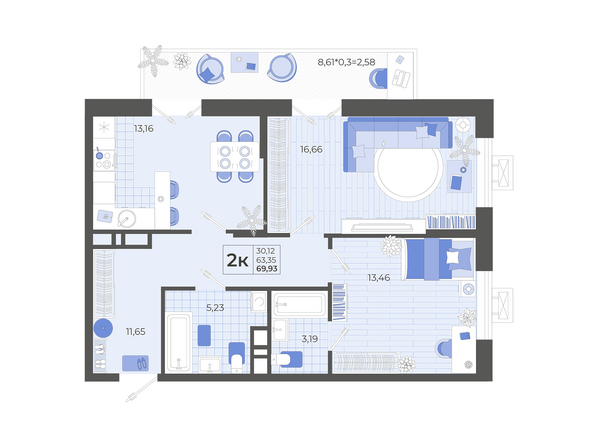 Планировка 2-комн 69,93 м²