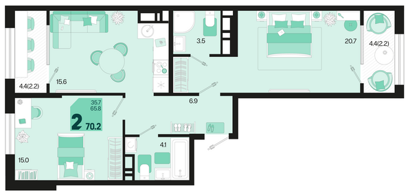 Планировка 2-комн 70,2 м²