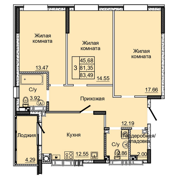 Планировка 3-комн 83,49 м²