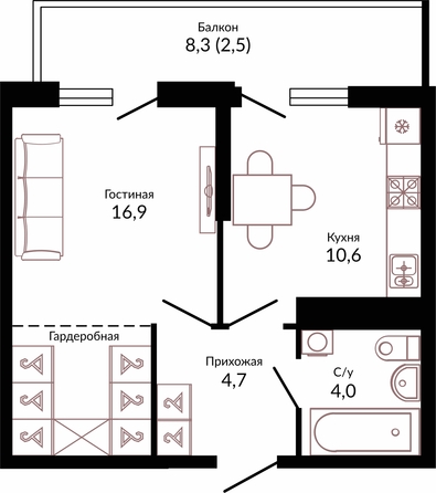 Планировка 1-комн 38,7 м²