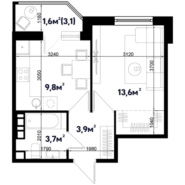 Планировка 1-комн 32,6 м²