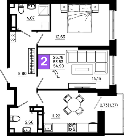 Планировка 2-комн 54,9 м²