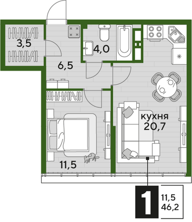 Планировка 1-комн 46,2 м²