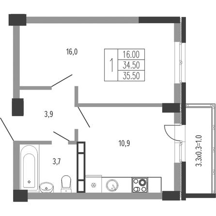 Планировка 1-комн 35,5 м²