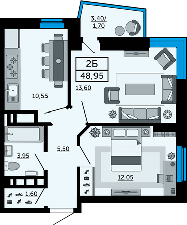 Планировка 2-комн 48,95 м²