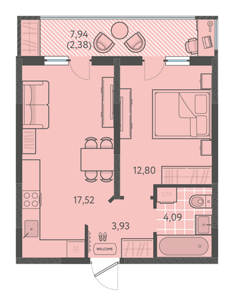 Планировка 1-комн 40,03 - 41,53 м²