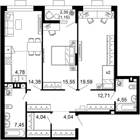 Планировка 3-комн 88,24 м²