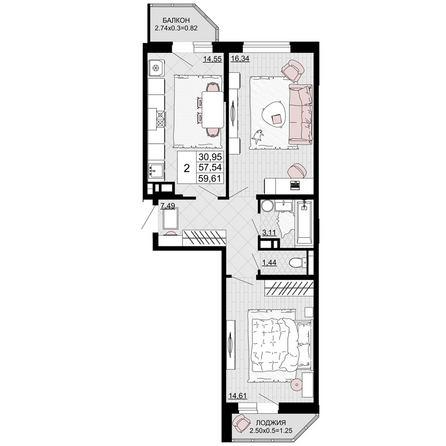 Планировка 2-комн 59,61 м²
