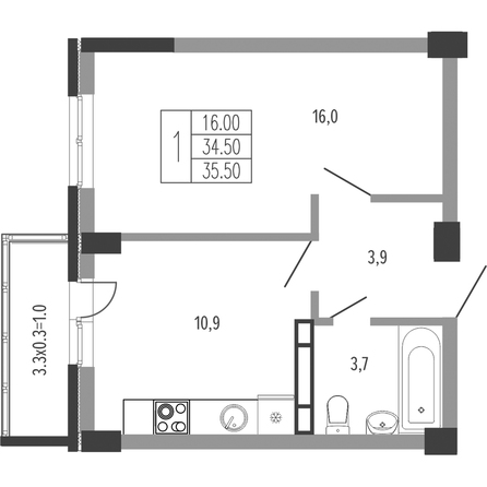Планировка 1-комн 35,5 м²