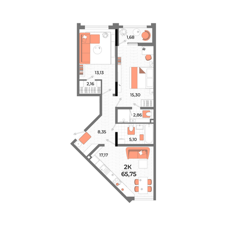 Планировка 2-комн 63,3, 65,75 м²