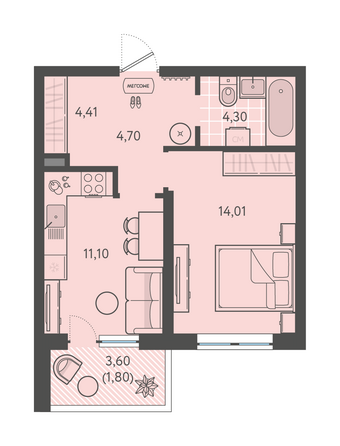 Планировка 1-комн 40,32 м²