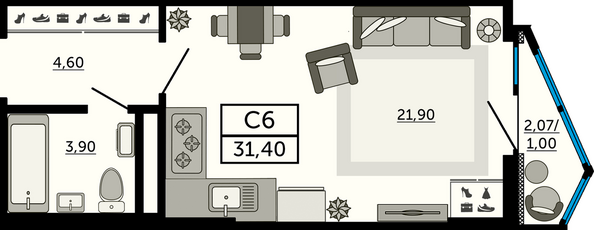 Планировка Студия 31,61 м²