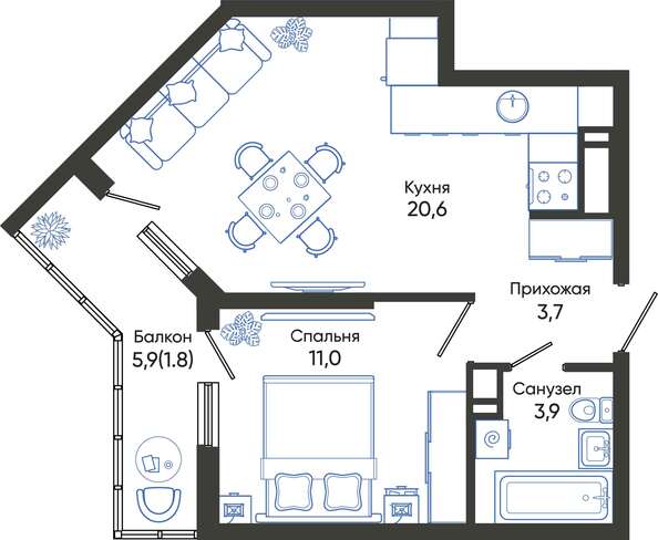 Планировка 1-комн 41 - 42,1 м²