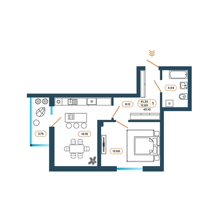Планировка 1-комн 45,1 м²