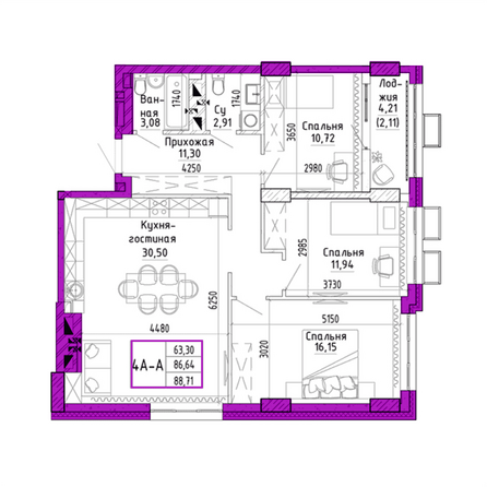 Планировка 4-комн 88,71 м²