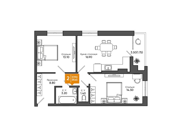 Планировка 2-комн 59,65 м²