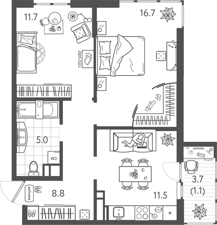 Планировка 2-комн 54,8 м²