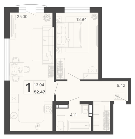 Планировка 1-комн 52,47 м²
